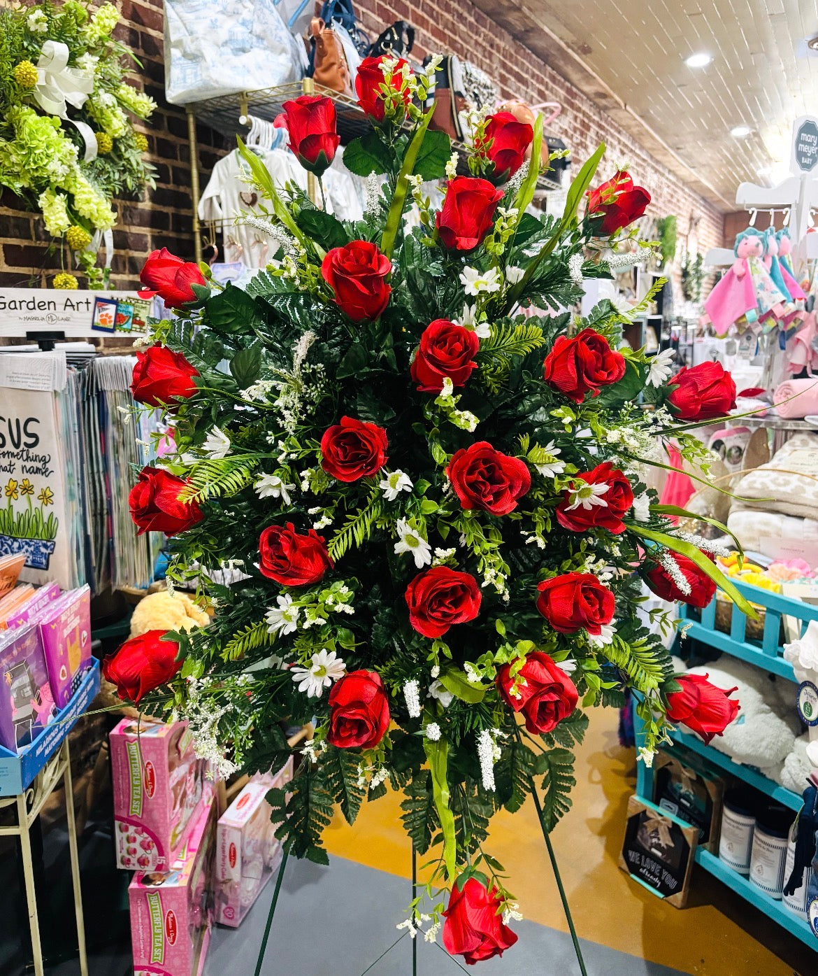 Red Rose & Daisy Pom Silk Bereavement Spray