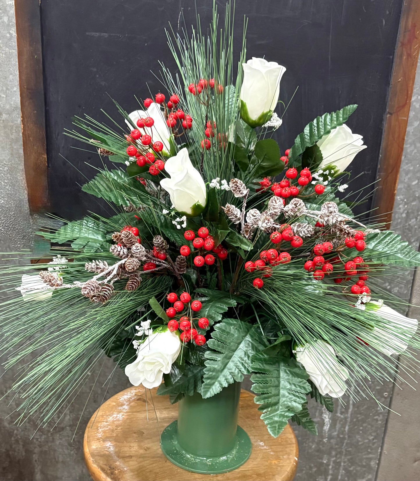 White Rose with Pine & Red Holly Berries Silk Vase Inserts