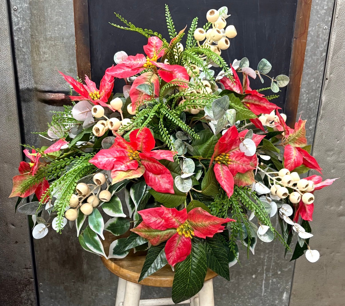 Variegated Poinsettia & Shimmer Eucalyptus Silk Memorial Saddle