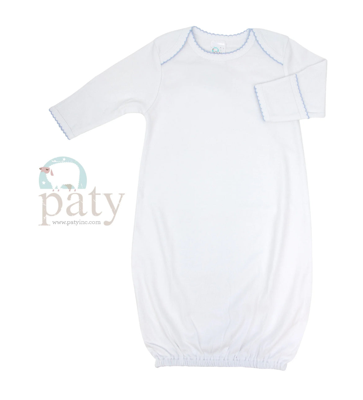 Paty Pima Overlap Shoulder Gown-White/Blue Picot (Newborn)