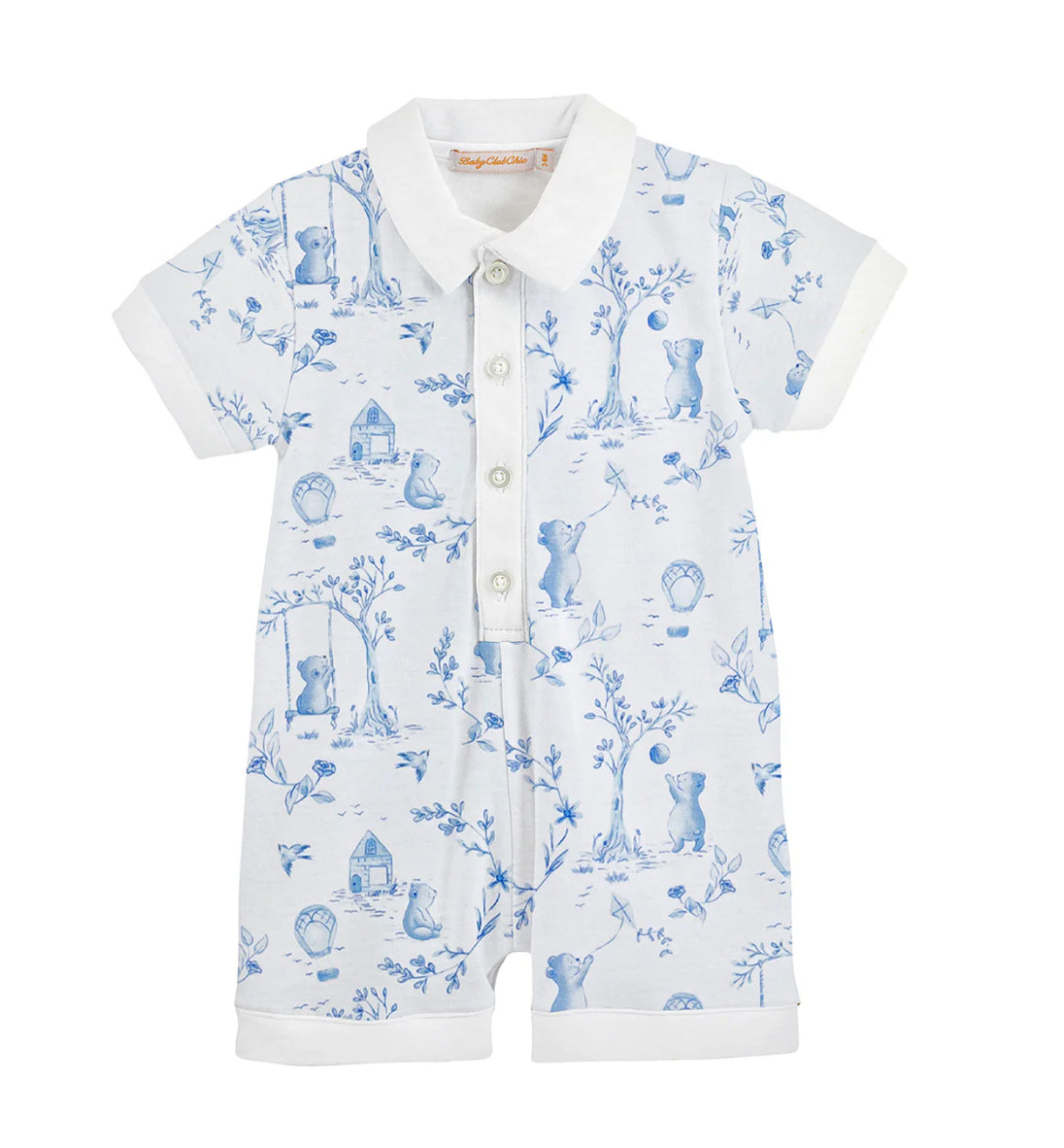 Baby Club Chic Toile de Jouy Blue Romper With Collar