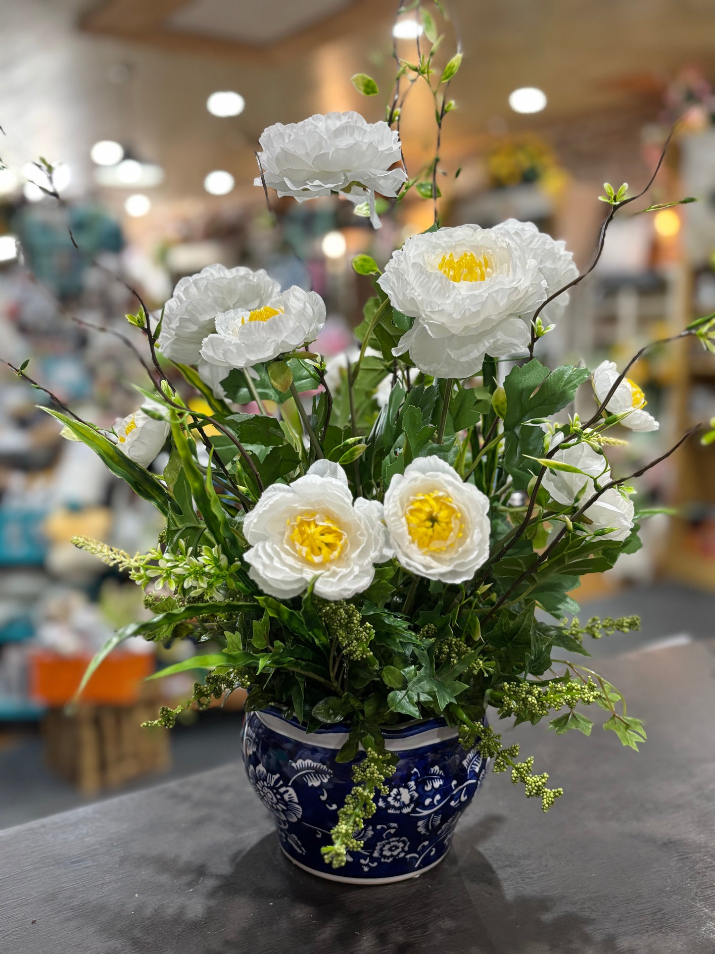 White Ranunculus Silk Custom Arrangement in Blue & White Planter