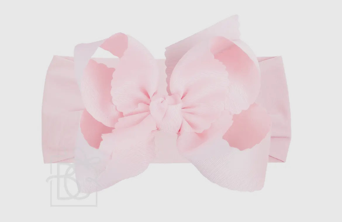 Beyond Creations Wide Pantyhose Headband Scalloped Edge Bow (XL)-Powder Pink