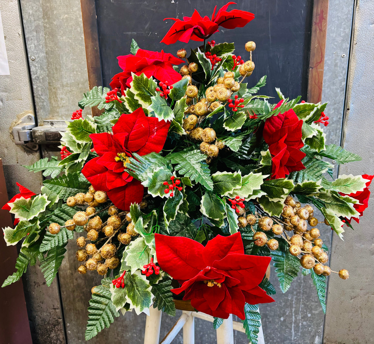 Poinsettia & Gold Christmas Silk Memorial Topper