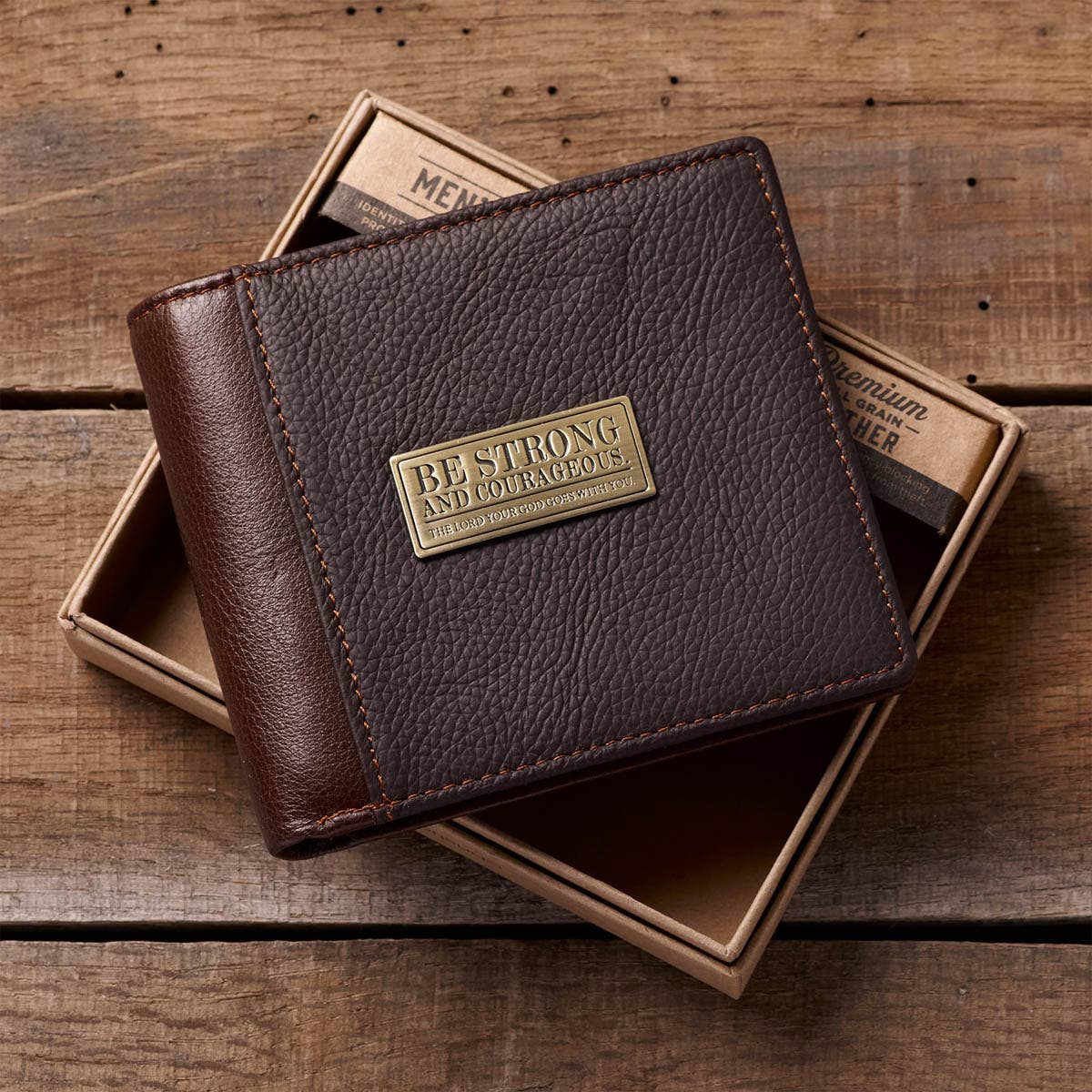 Christian Art Gifts Brown Leather Wallet-Be Strong & Courageous Badge