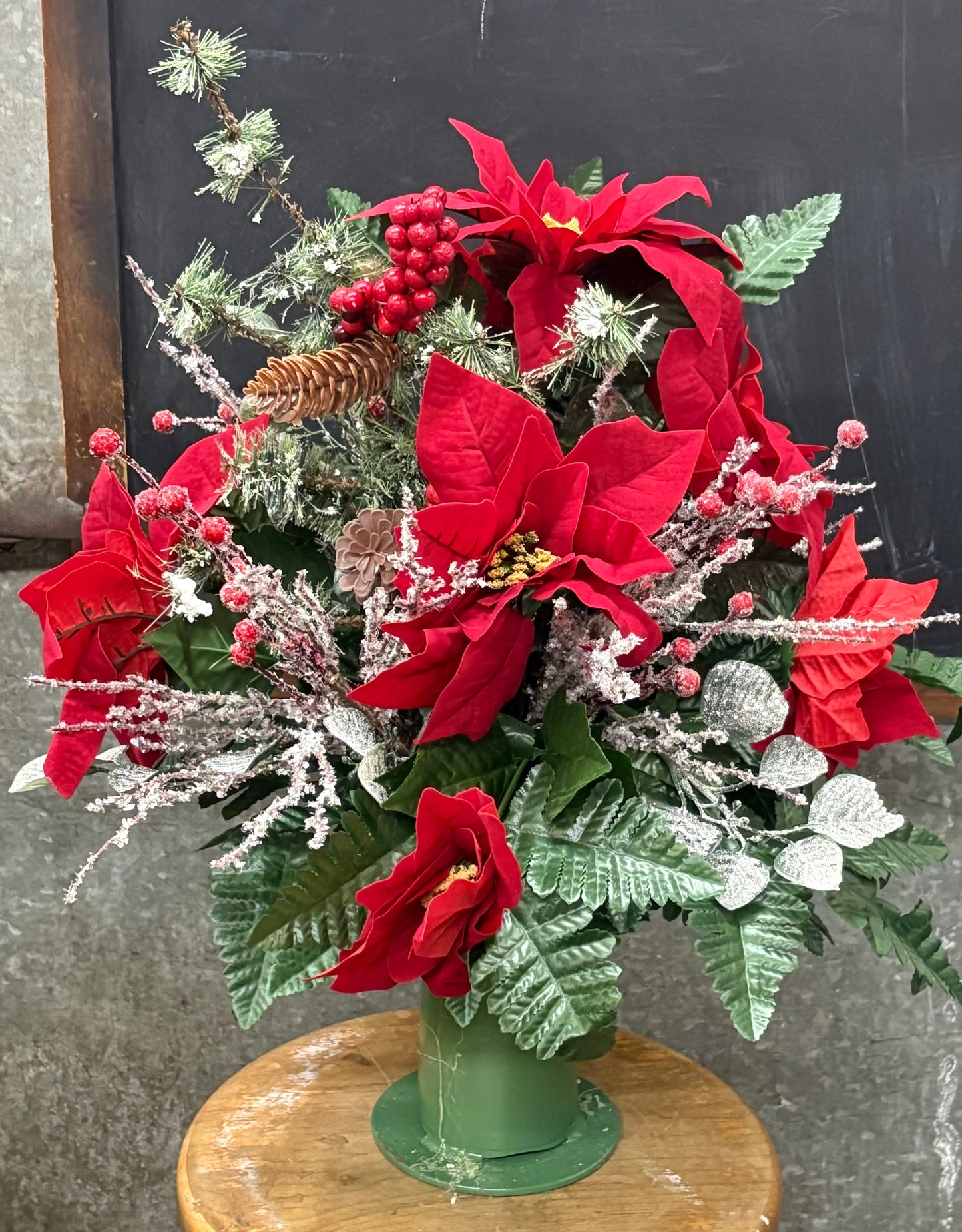 Poinsettia with Icy Berries Silk Memorial Vase Insert