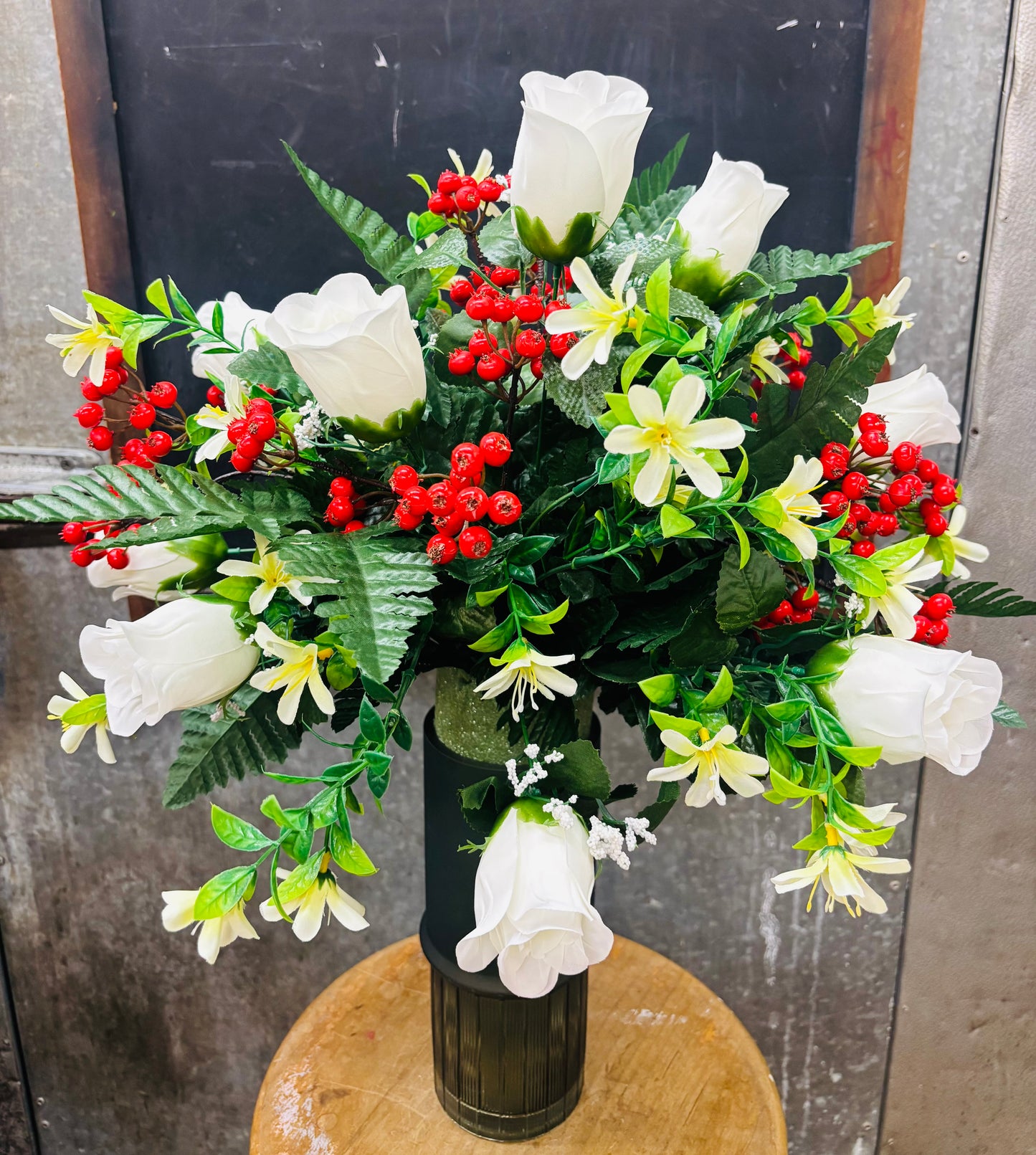 Christmas Silk Roses with Berries Vase Insert