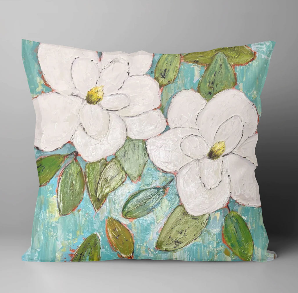 LuckyBird 18x18 Pillow-Magnolias On Blue
