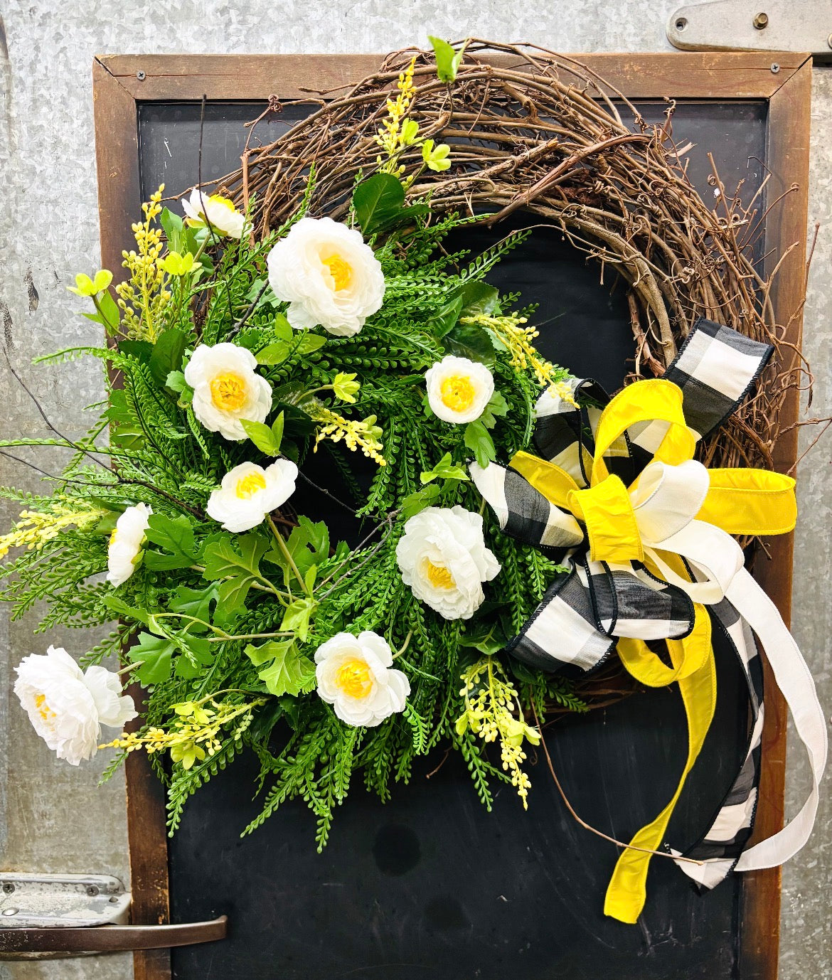 White & Yellow Bead Grass Grapevine Wreath