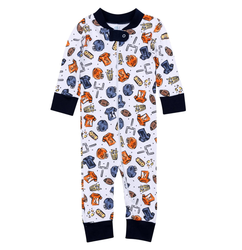 Magnolia Baby Future Draft Picks Zip Pajamas-Navy/Orange (6 months)