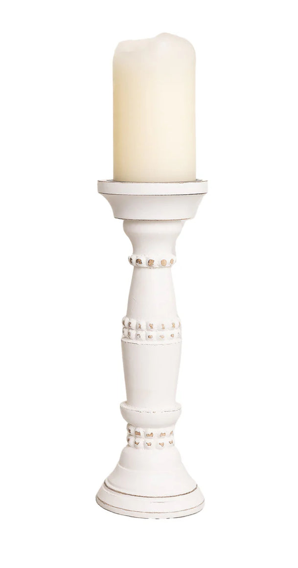 Mary Square Small Beaded Candlestick-Whitewash