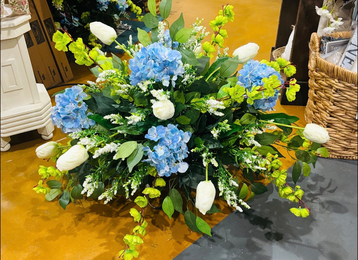 Blue Hydrangea & Ivory Tulip Bereavement Tomb Topper