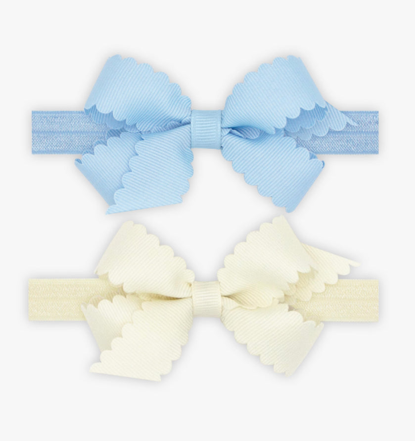 Wee Ones Two Mini Scalloped Bows With Bands-Blue & Cream