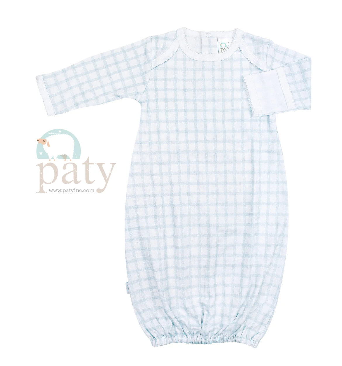 Paty Pima Overlap Shoulder Gown-Blue Gingham (Newborn)