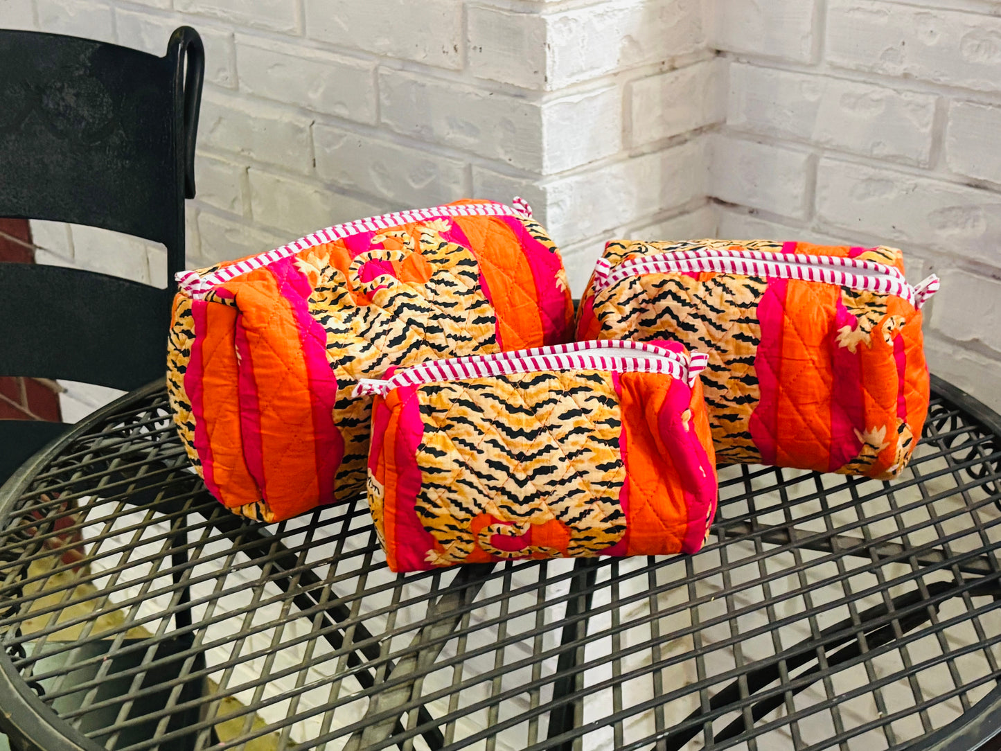 Quilted Orange & Pink Cosmetic Bags (Set of 3)