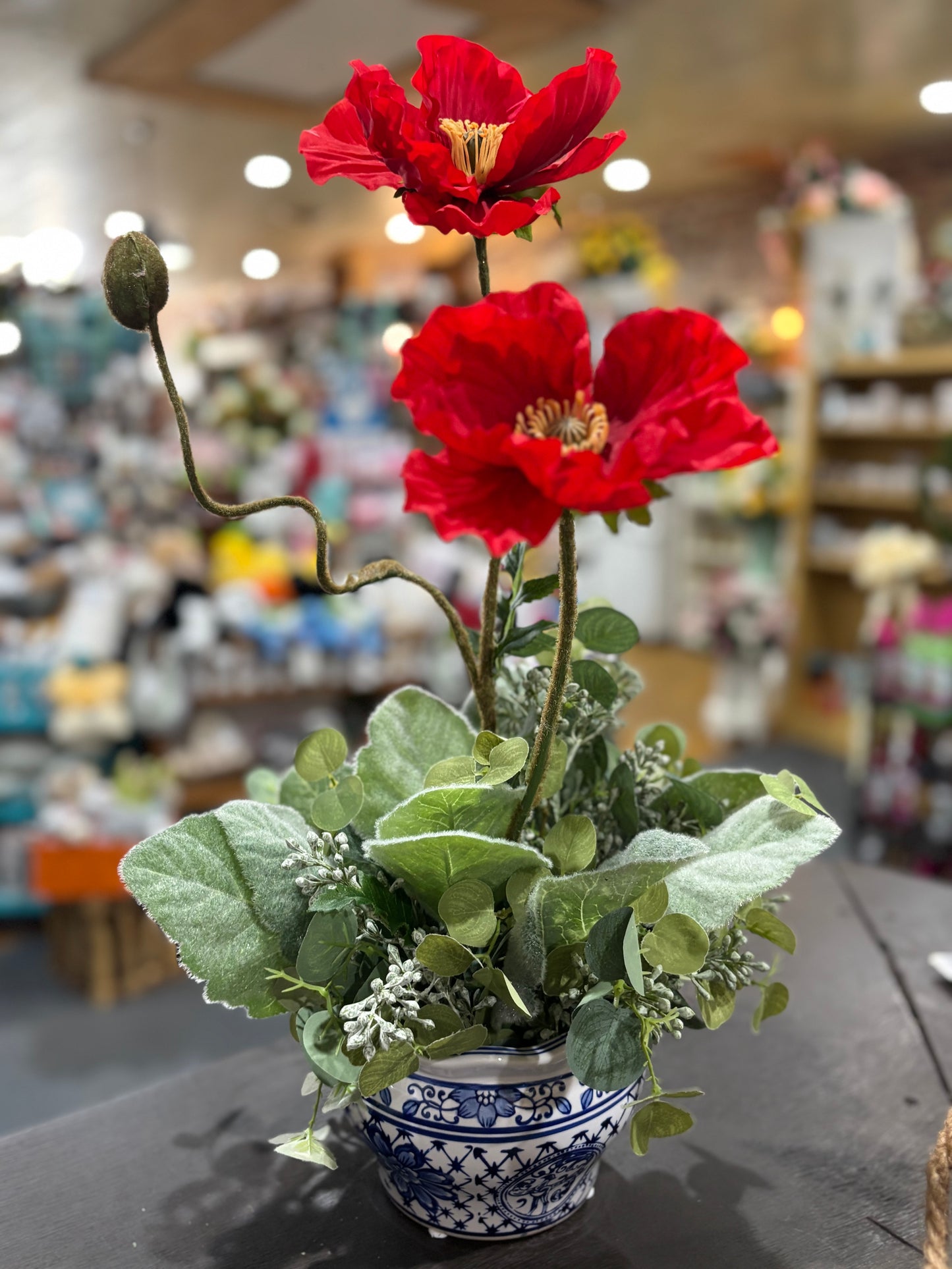 Red Poppy Custom Silk Arrangement in Blue & White Planter
