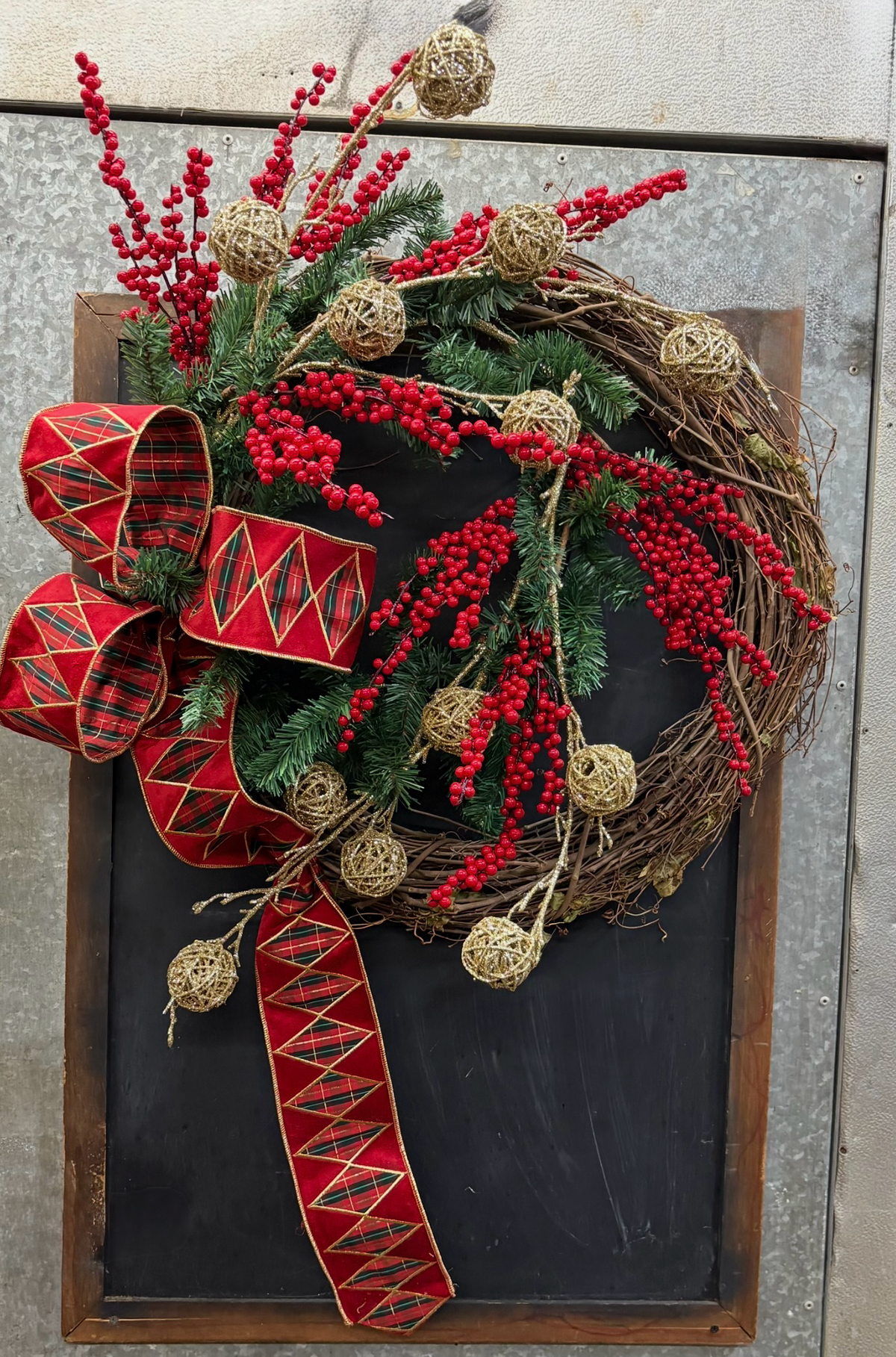 24 inch Grapevine Wreath with Holly Berries, Gold Balls & Red Velvet Harlequin Ribbon