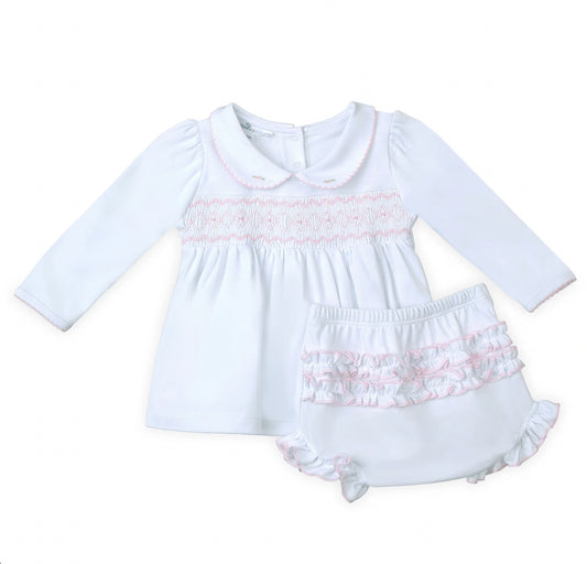 Magnolia Baby Lizzie's Classics Smocked Ruffle Long Sleeve Diaper Cover Set-Pink
