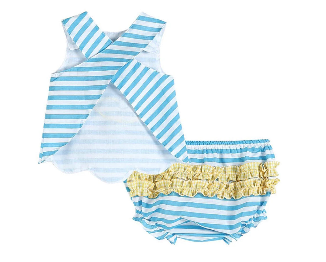 Lil Cactus Blue Stripe Fish Applique Top & Bloomers (2T)