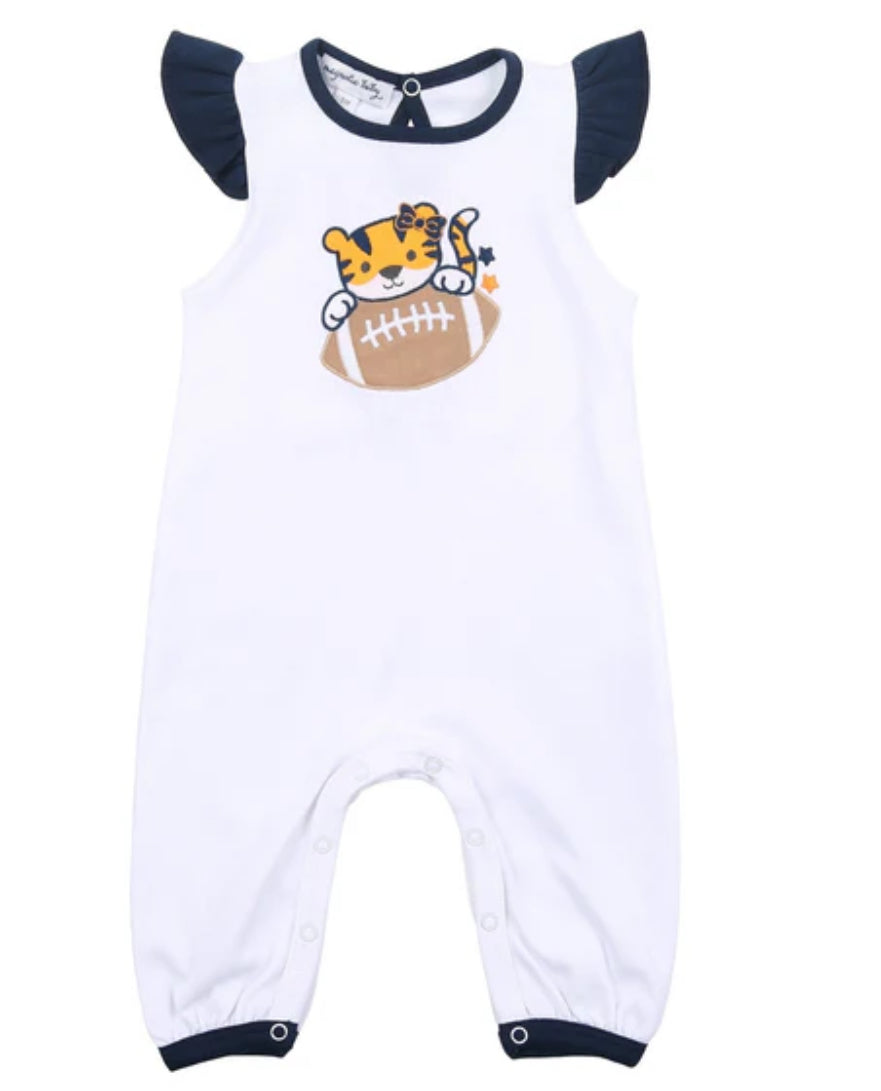 Magnolia Baby Tiger Football Applique Navy-Orange Flutters Playsuit