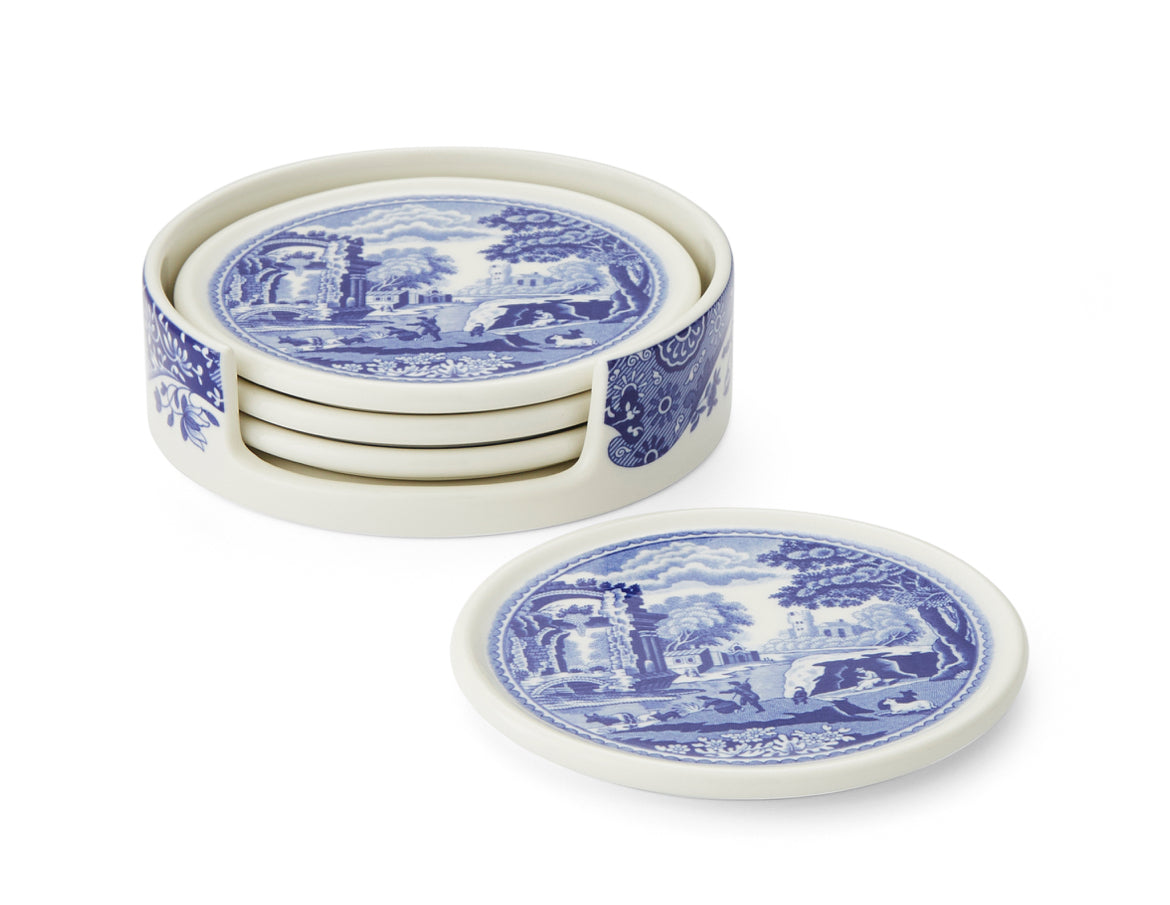 Spode Blue Italian Ceramic Coasters With Holder