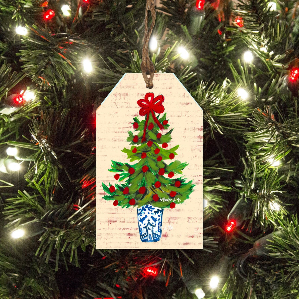 Baxter & Me Blue Willow Red Ribbon Tree Tag Ornament