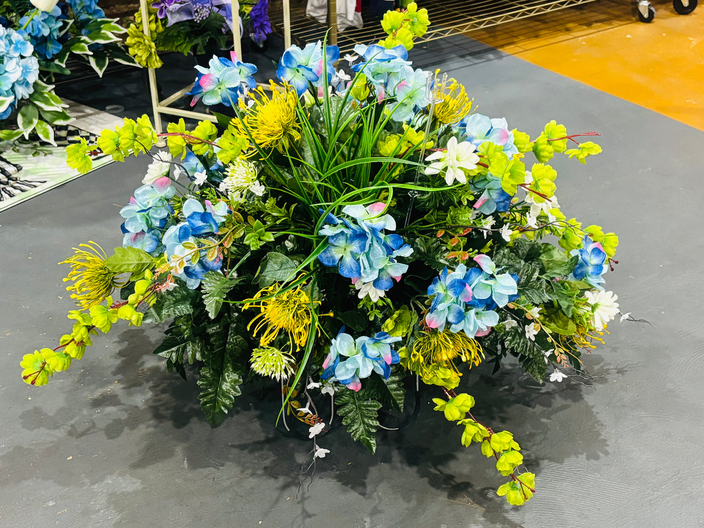 Blue Hydrangeas & Yellow Protea Silk Memorial Topper