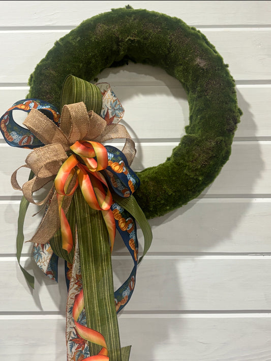 Round Moss Wreath With Fall Pumpkins & Leaves Bow