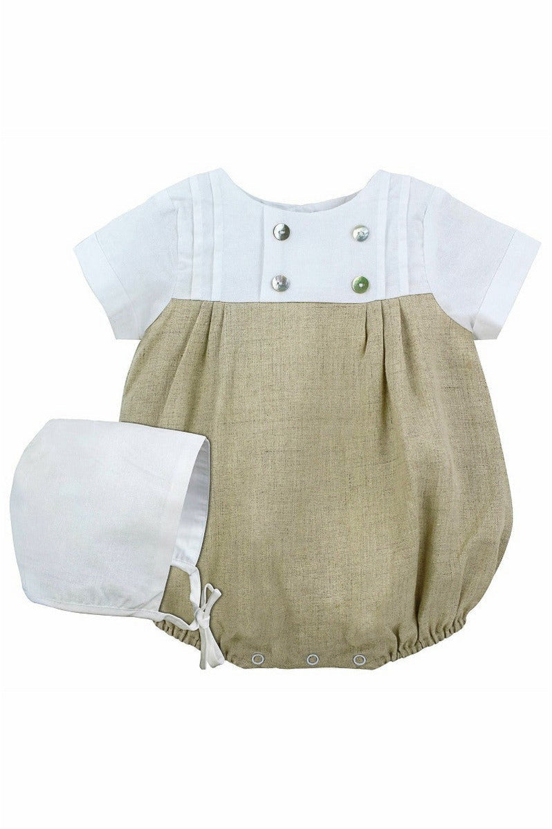 Tan & White Baby Boy Bubble Romper with Bonnet (3 months)