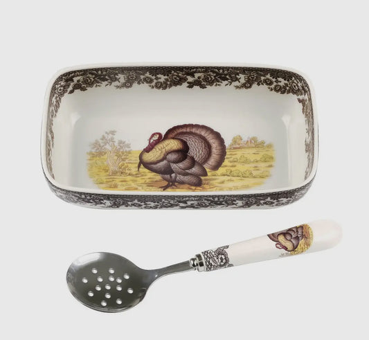 Spode Woodland Cranberry Dish with Slotted Spoon-Turkey