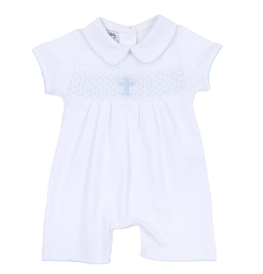 Magnolia Baby Blessed Smocked Collared Short Playsuit-Blue