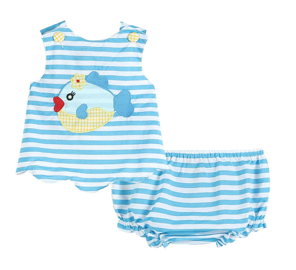 Lil Cactus Blue Stripe Fish Applique Top & Bloomers (2T)