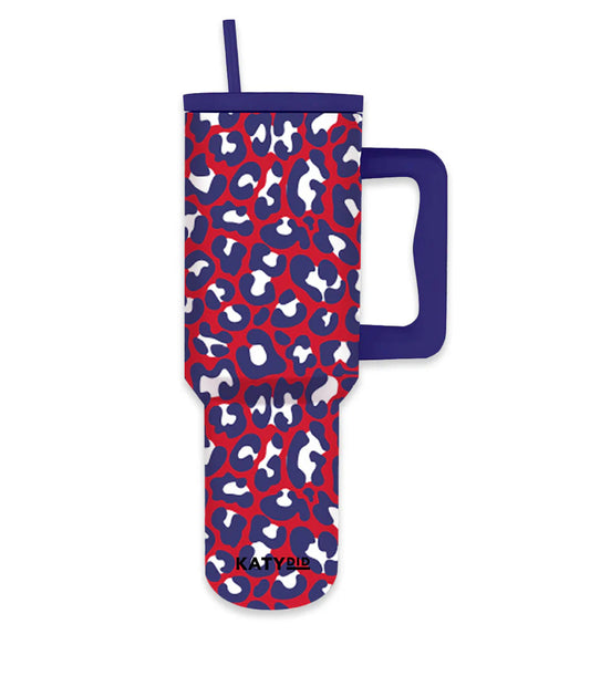 Katydid Drink Tumbler-Red, White, & Blue Leopard