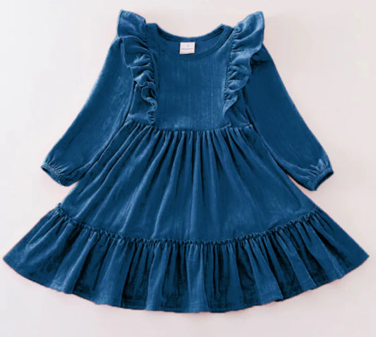 Girls Turqoise Velvet Button Back Dress (7 years)