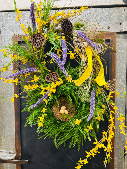 Yellow Forythia Wreath with Birds Nest