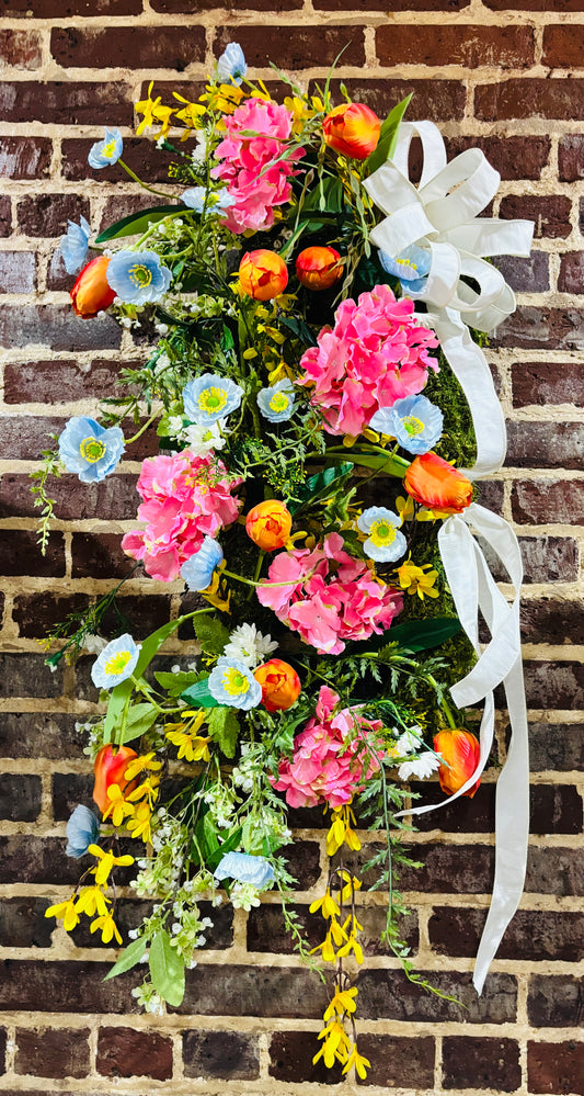 Silk Pink Hydrangea, Orange Tulip & Blue Poppy Rectangle Moss Wreath