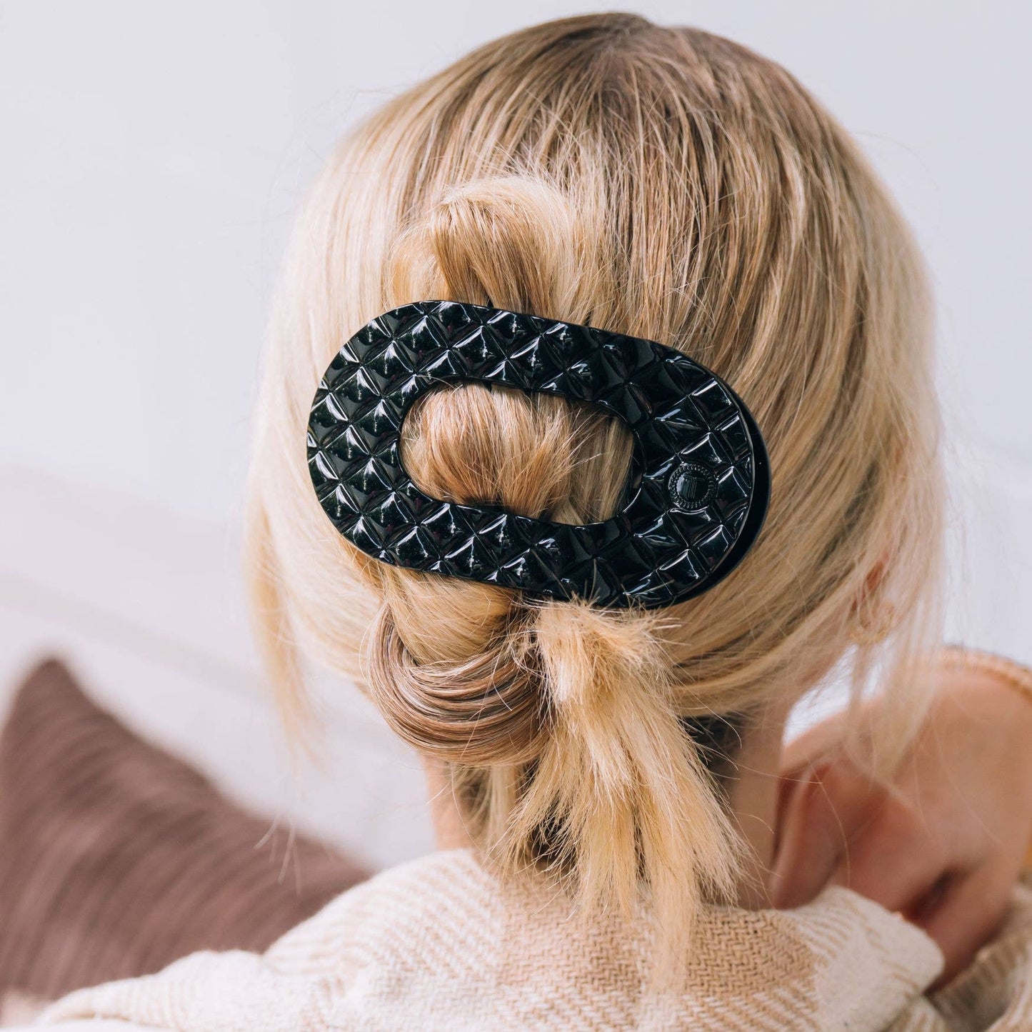 Teleties Large Flat Round Hair Clip-Jet Black Quilted