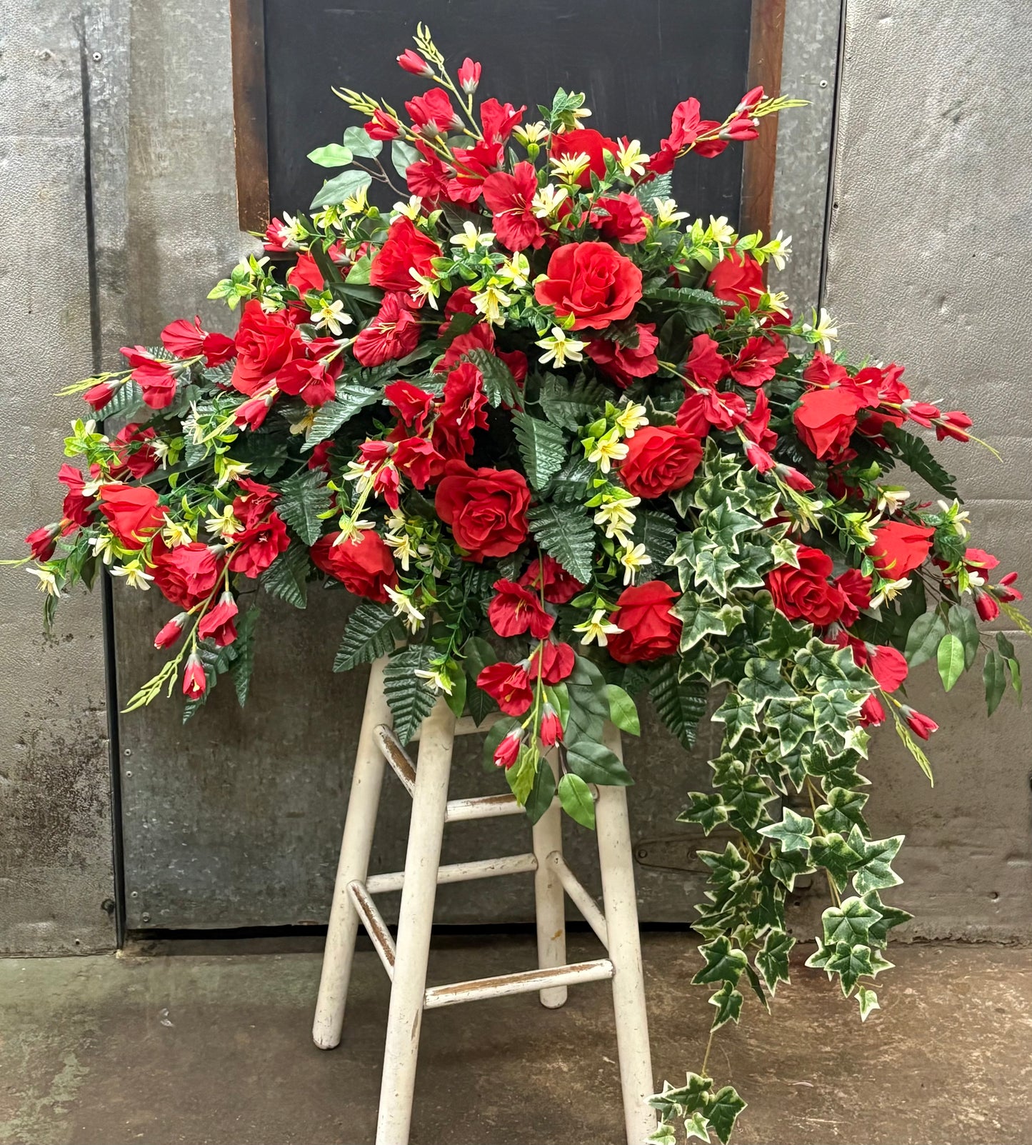 Silk Red Glad & Rose Casket Piece