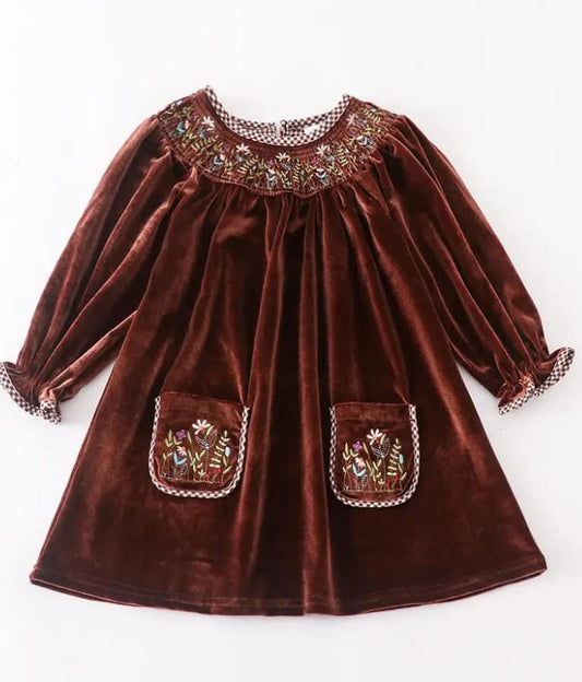 Velvet Floral Dress-Brown (3T)