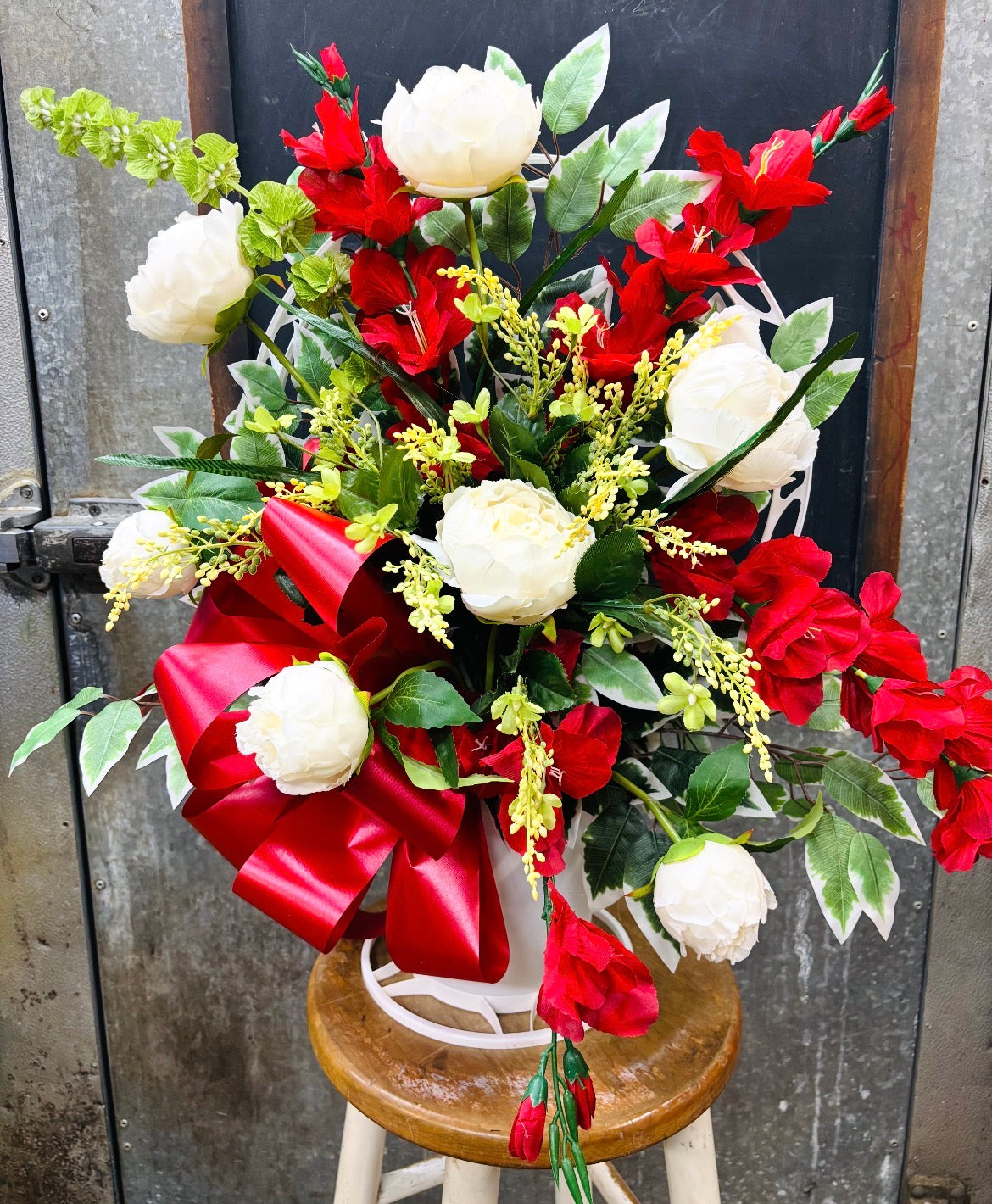 Red Gladys & White Peony Silk Bereavement Basket