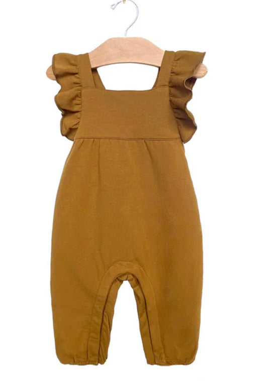 City Mouse Mustard Ruffle Overalls