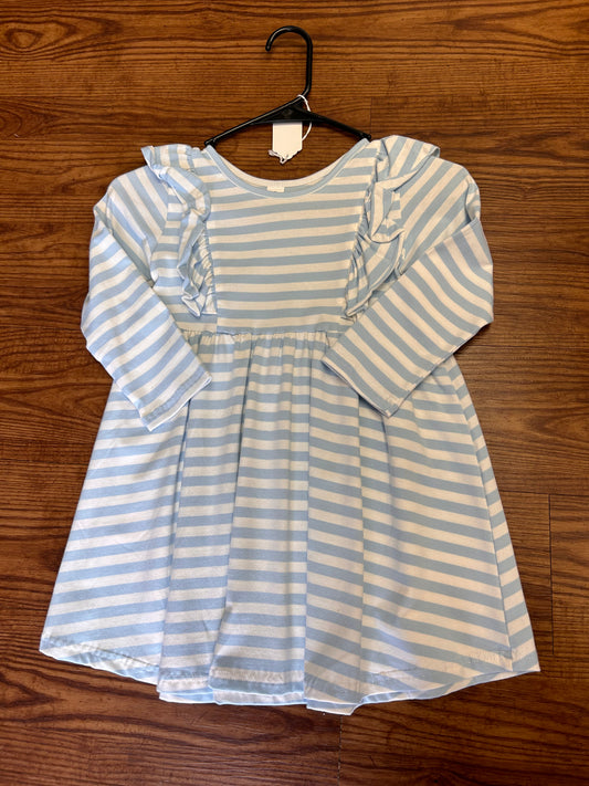 Girls Blue/White Striped Ruffle Dress