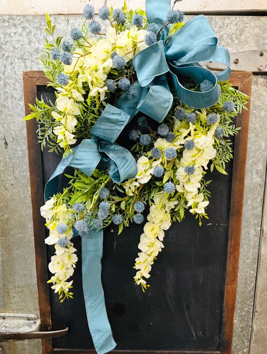 Ivory Wisteria with Blue Dupioni Bow