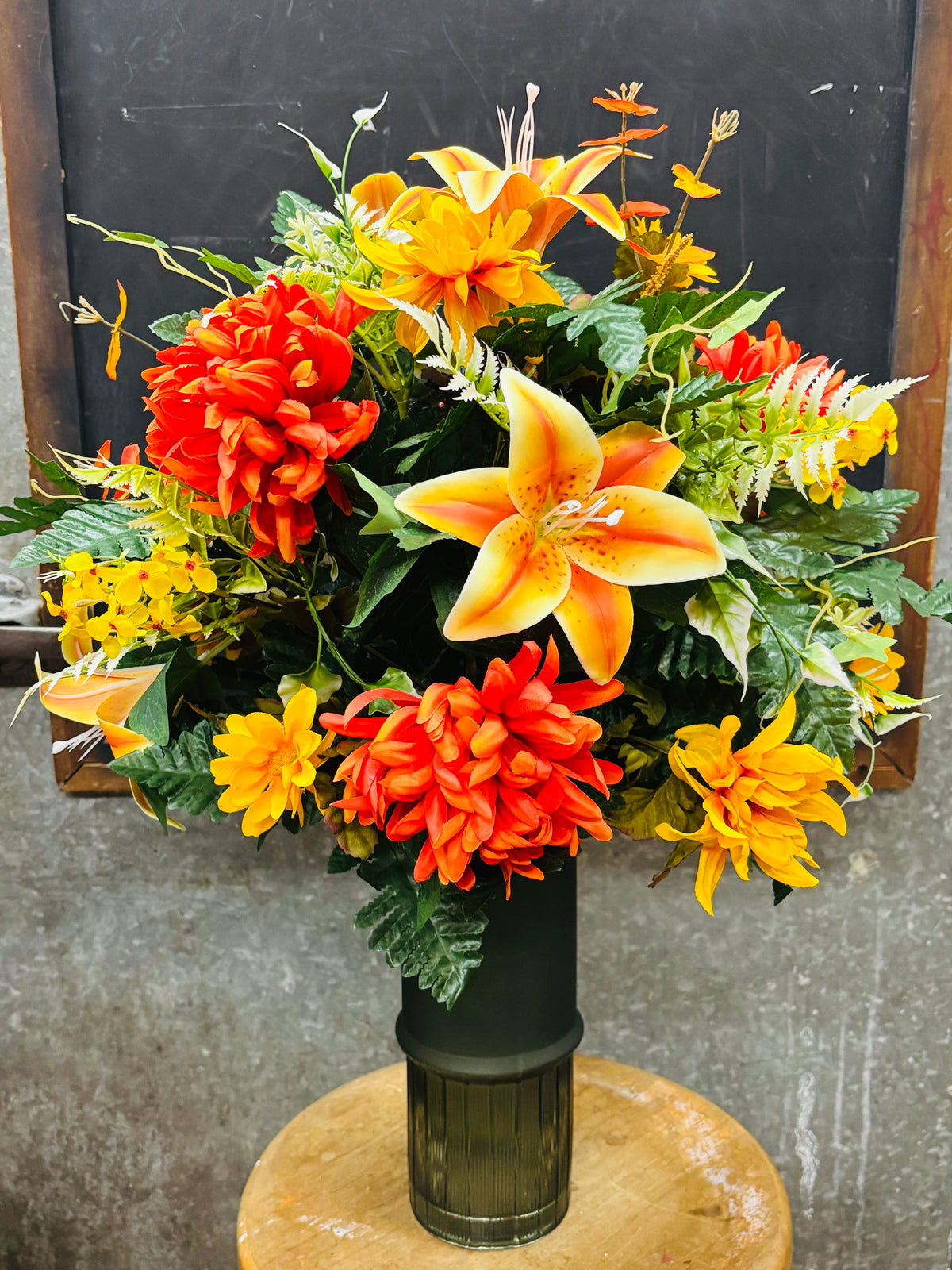 Orange Mum with Fall Lily Silk Vase Insert