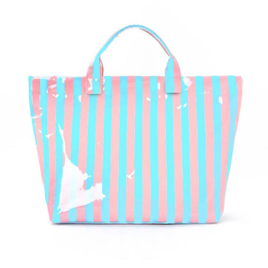 Josslyn Large Striped Vinyl Tote Bag-Blue/Pink