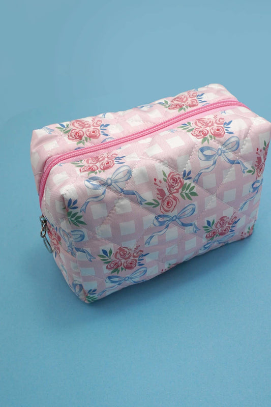 Josslyn Bow Quilted Cotton Floral Cosmetic Pouch Bag