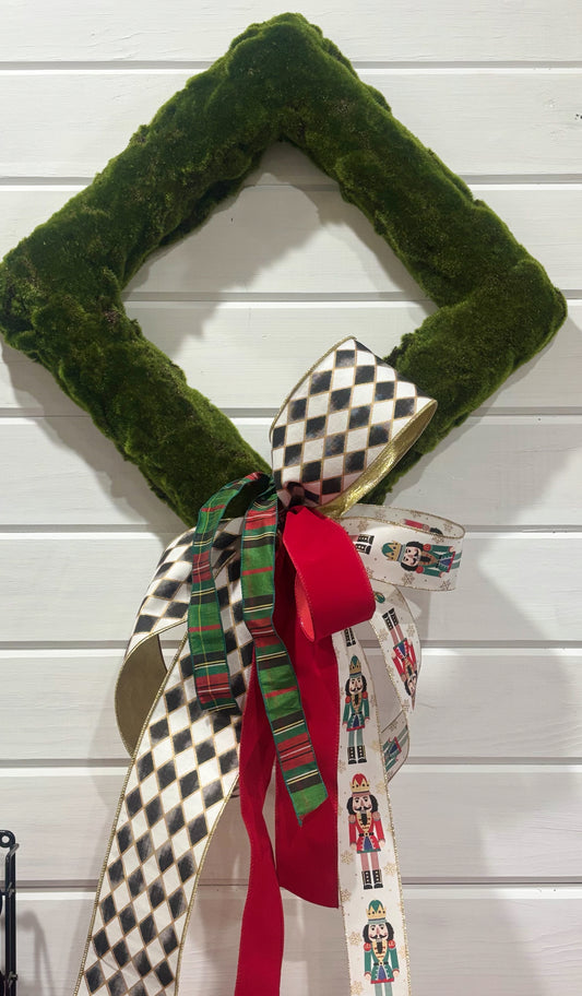 Moss Square Wreath With Christmas Bow-Harlequin/Plaid/Nutcrackers