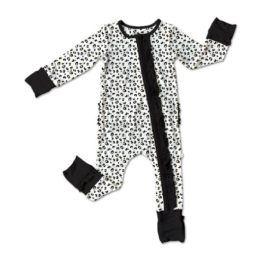 Laree+Co Allie Leopard Bamboo Convertible Ruffle Snap Footie (6-12 months)