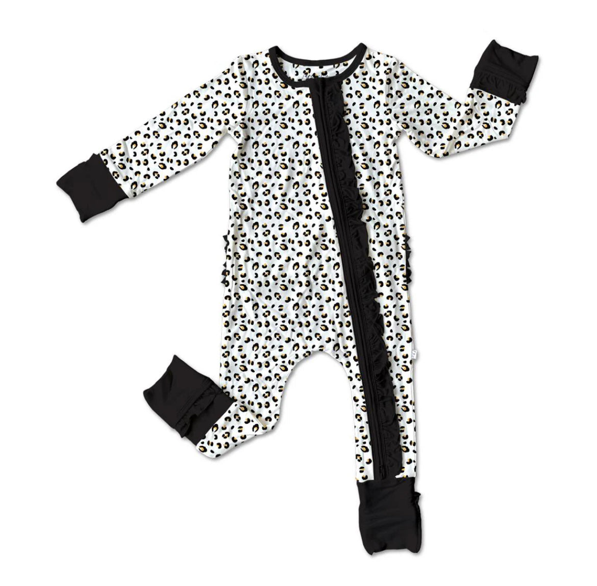 Laree+Co Allie Leopard Bamboo Convertible Ruffle Snap Footie