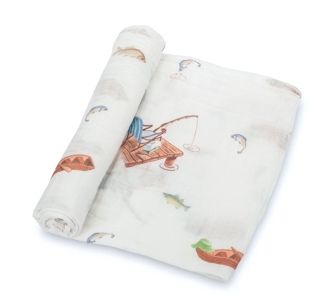 LollyBanks Gone Fishing Baby Muslin Swaddle Blanket